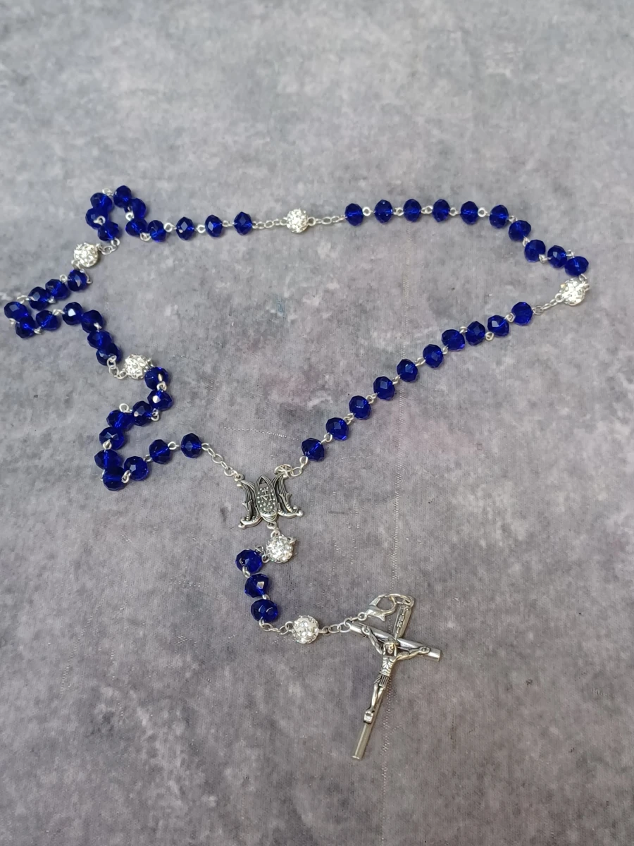 Blauwe glaskralen rozenkrans met strass accentkralen - foto 2