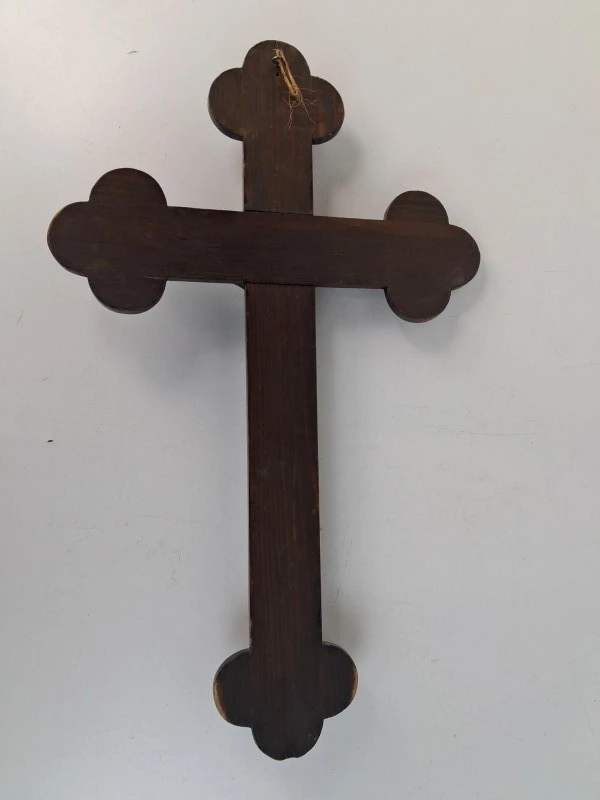 Groot Antiek Neo-Gotisch Wandcrucifix met Brass Reliëfwerk en Bronzen Corpus – Ca. 1900 - foto 6