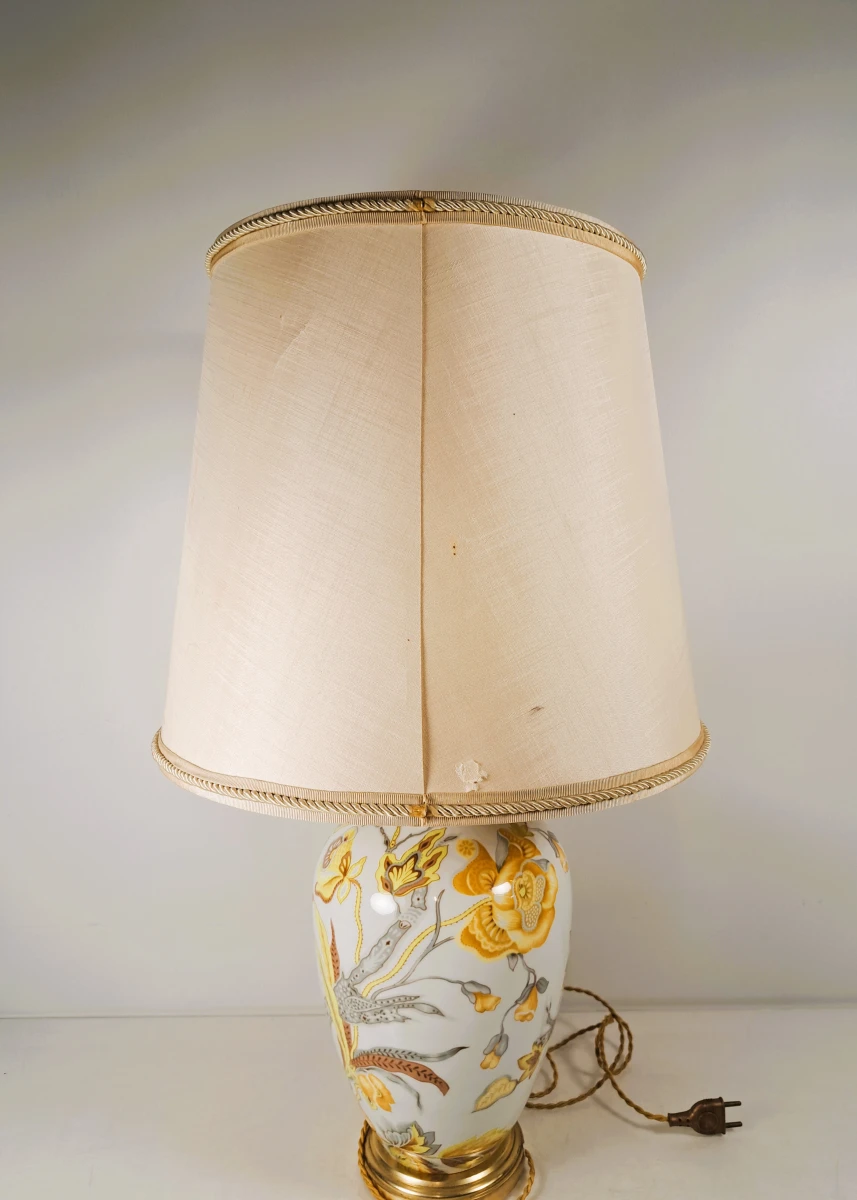 Vintage keramische tafellamp met bloemendecor en stoffen lampenkap, ca. jaren 1970 - foto 3