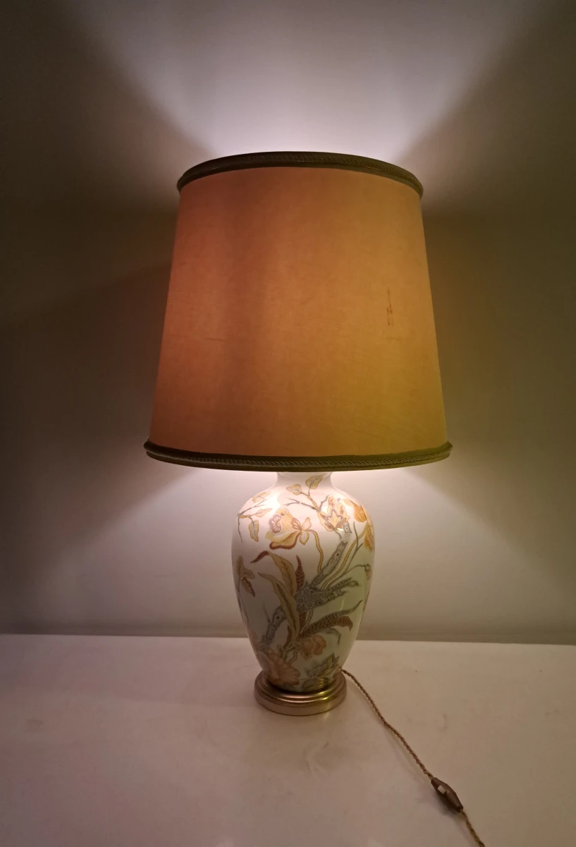 Vintage keramische tafellamp met bloemendecor en stoffen lampenkap, ca. jaren 1970 - foto 6