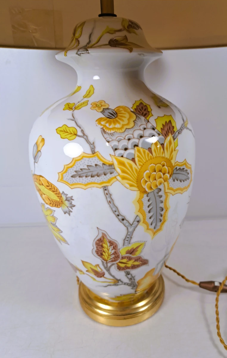 Vintage keramische tafellamp met bloemendecor en stoffen lampenkap, ca. jaren 1970 - foto 2