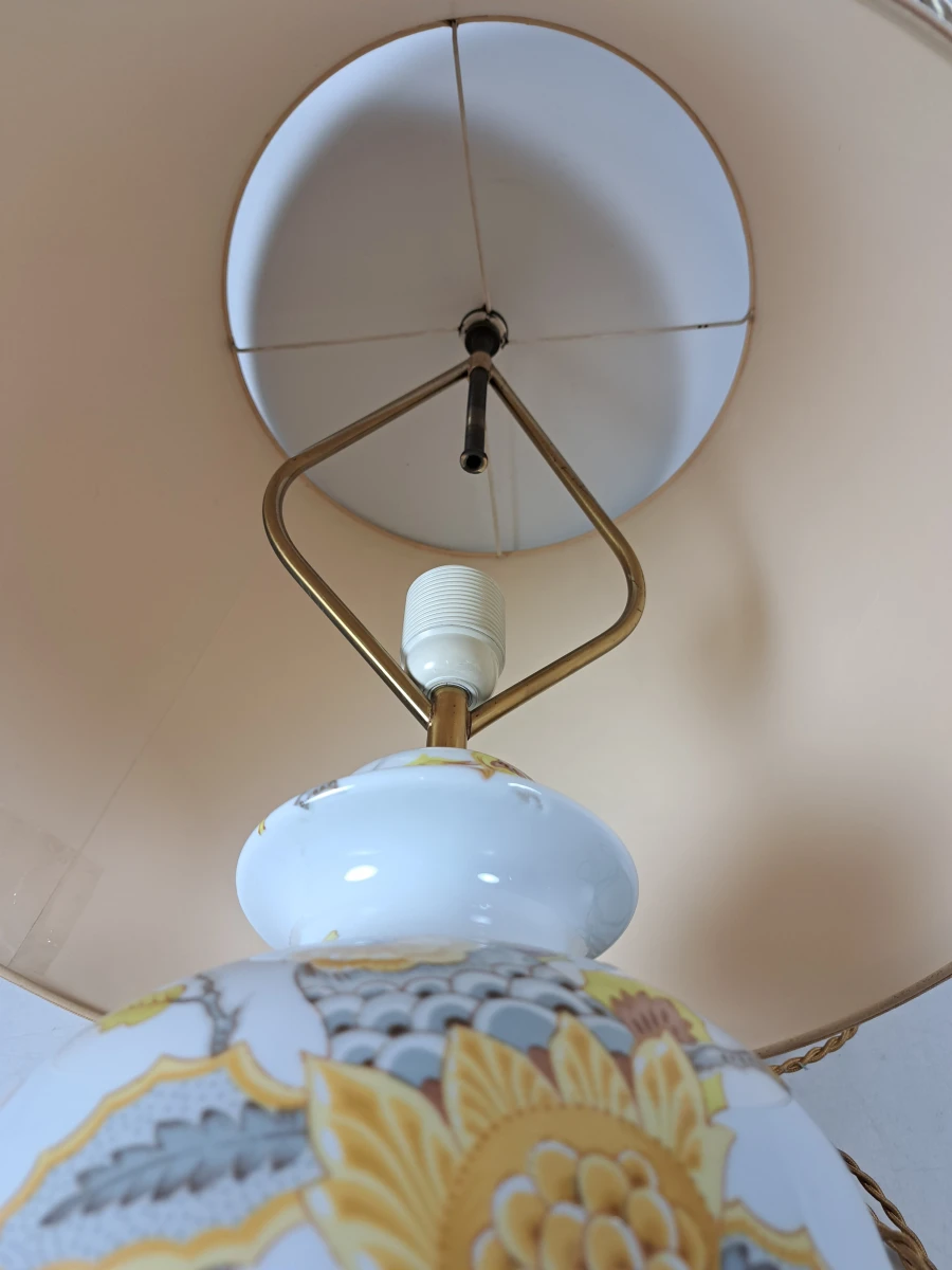 Vintage keramische tafellamp met bloemendecor en stoffen lampenkap, ca. jaren 1970 - foto 4