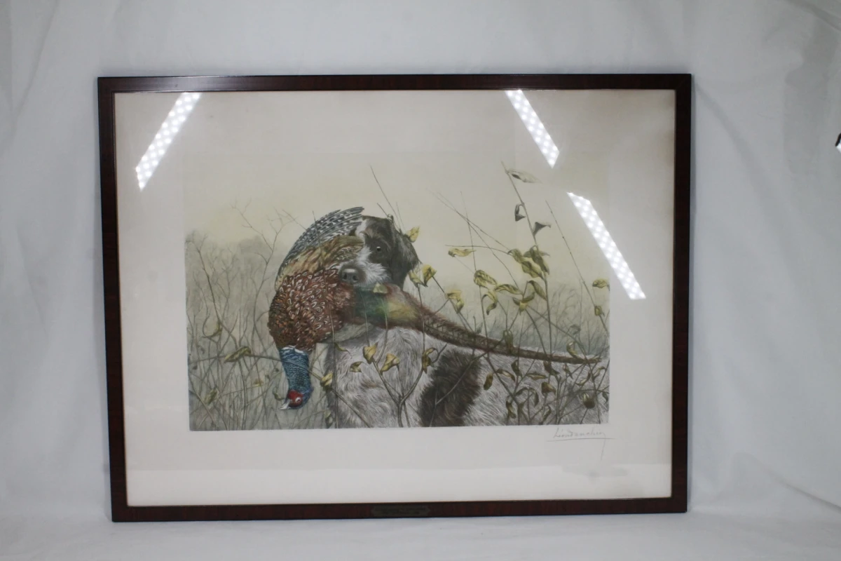 Ingelijste kleuretlithografie: Griffon Korthals met fazant
