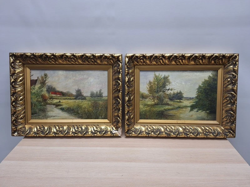 Set van 2 landelijke landschappen - Olieverf op hout - V. Mertens