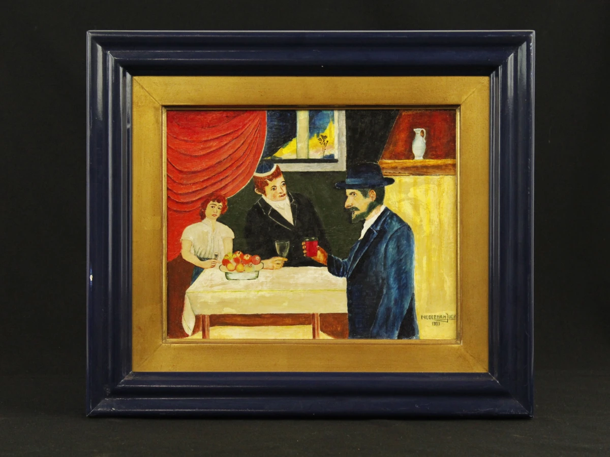 Olieverfschilderij met drie figuren aan tafel, gesigneerd Niederman Juda1983
