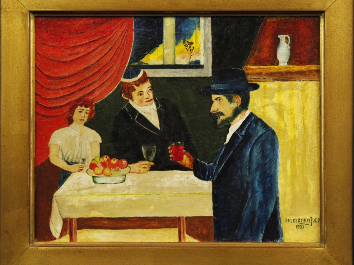 Olieverfschilderij met drie figuren aan tafel, gesigneerd Niederman Juda1983