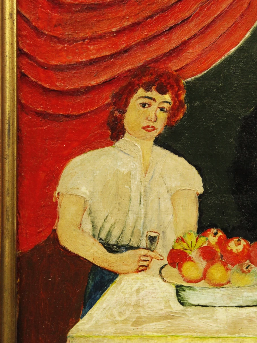 Olieverfschilderij met drie figuren aan tafel, gesigneerd Niederman Juda1983