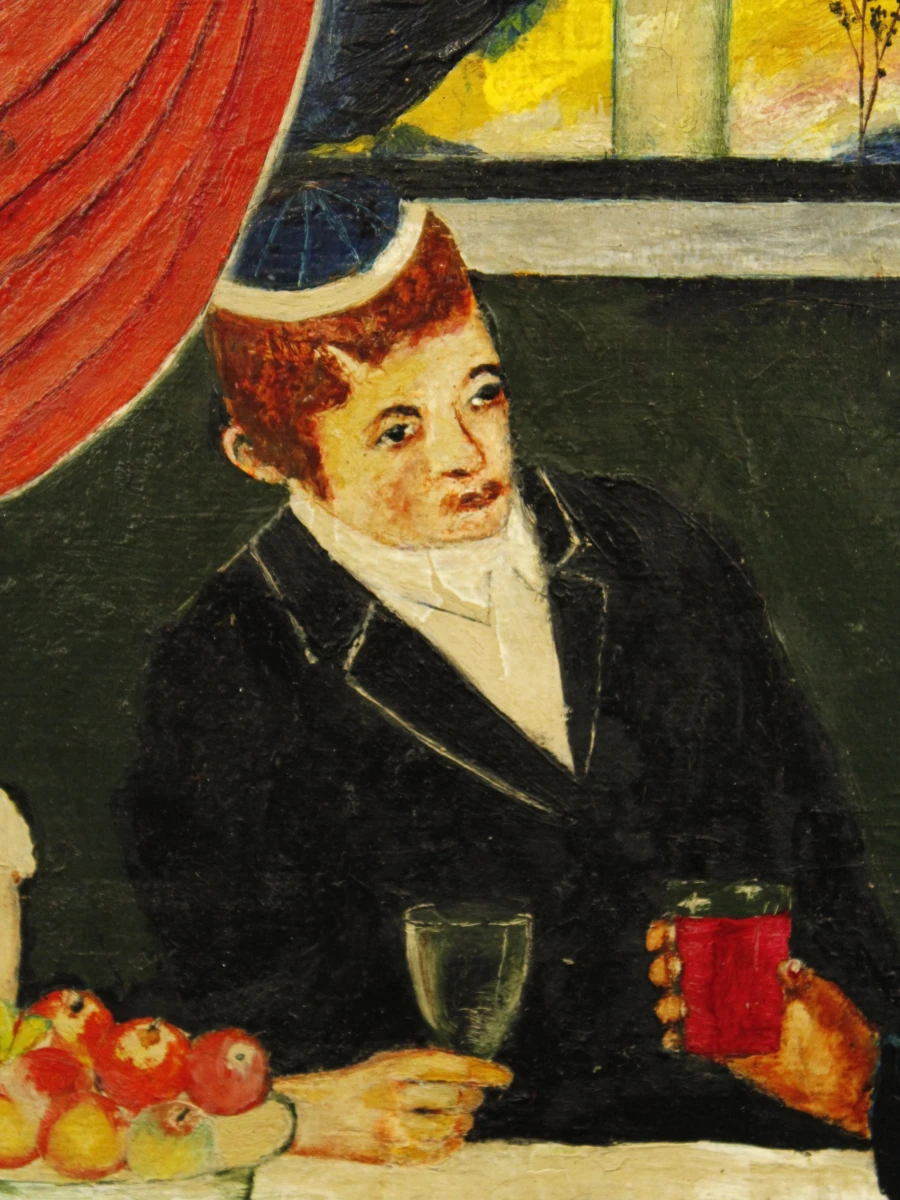 Olieverfschilderij met drie figuren aan tafel, gesigneerd Niederman Juda1983