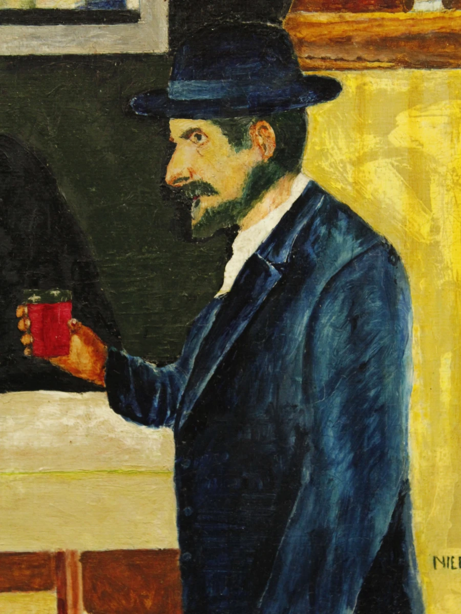 Olieverfschilderij met drie figuren aan tafel, gesigneerd Niederman Juda1983