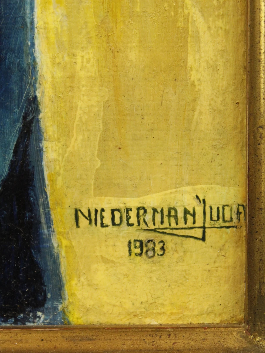 Olieverfschilderij met drie figuren aan tafel, gesigneerd Niederman Juda1983