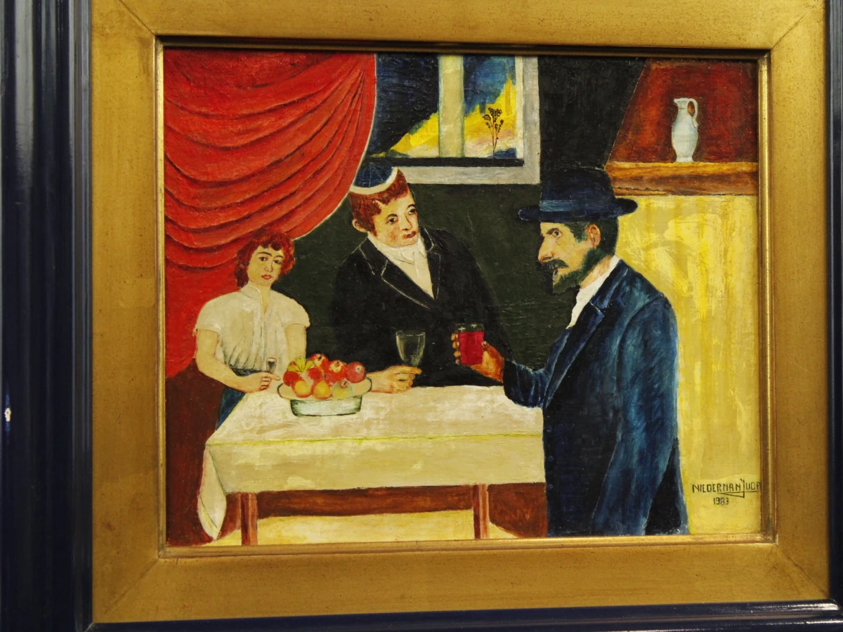 Olieverfschilderij met drie figuren aan tafel, gesigneerd Niederman Juda1983