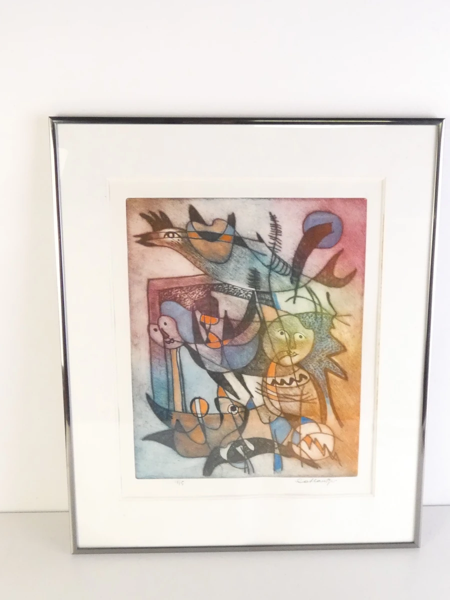 Ingelijste abstracte kleurenets met vogels en figuren