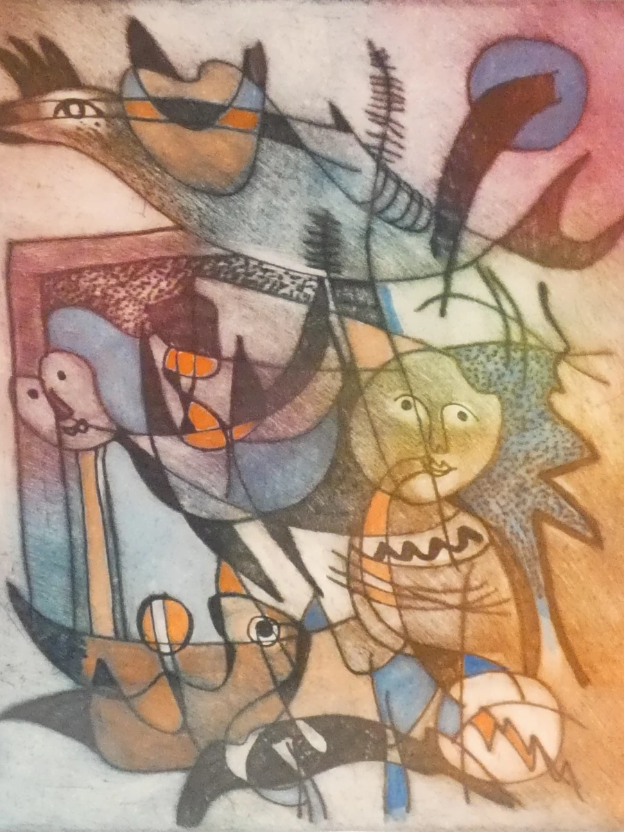 Ingelijste abstracte kleurenets met vogels en figuren