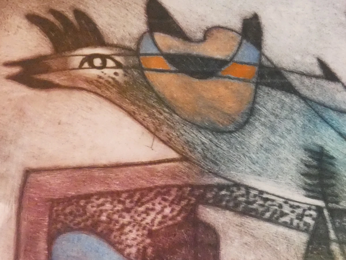 Ingelijste abstracte kleurenets met vogels en figuren