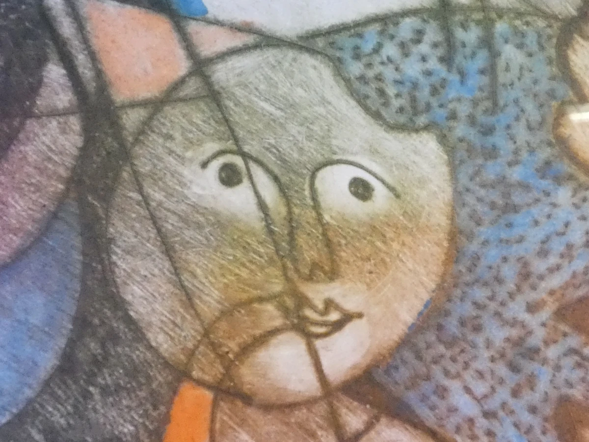 Ingelijste abstracte kleurenets met vogels en figuren
