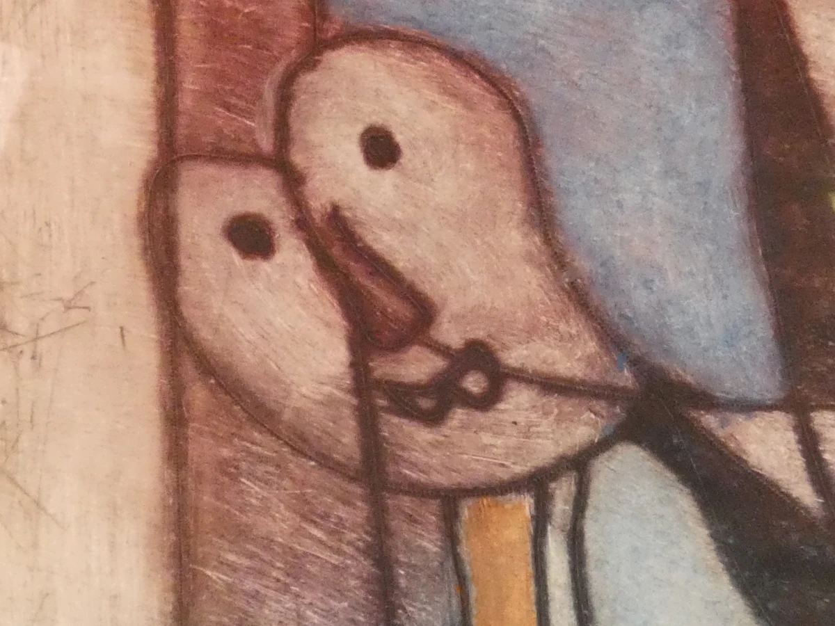 Ingelijste abstracte kleurenets met vogels en figuren