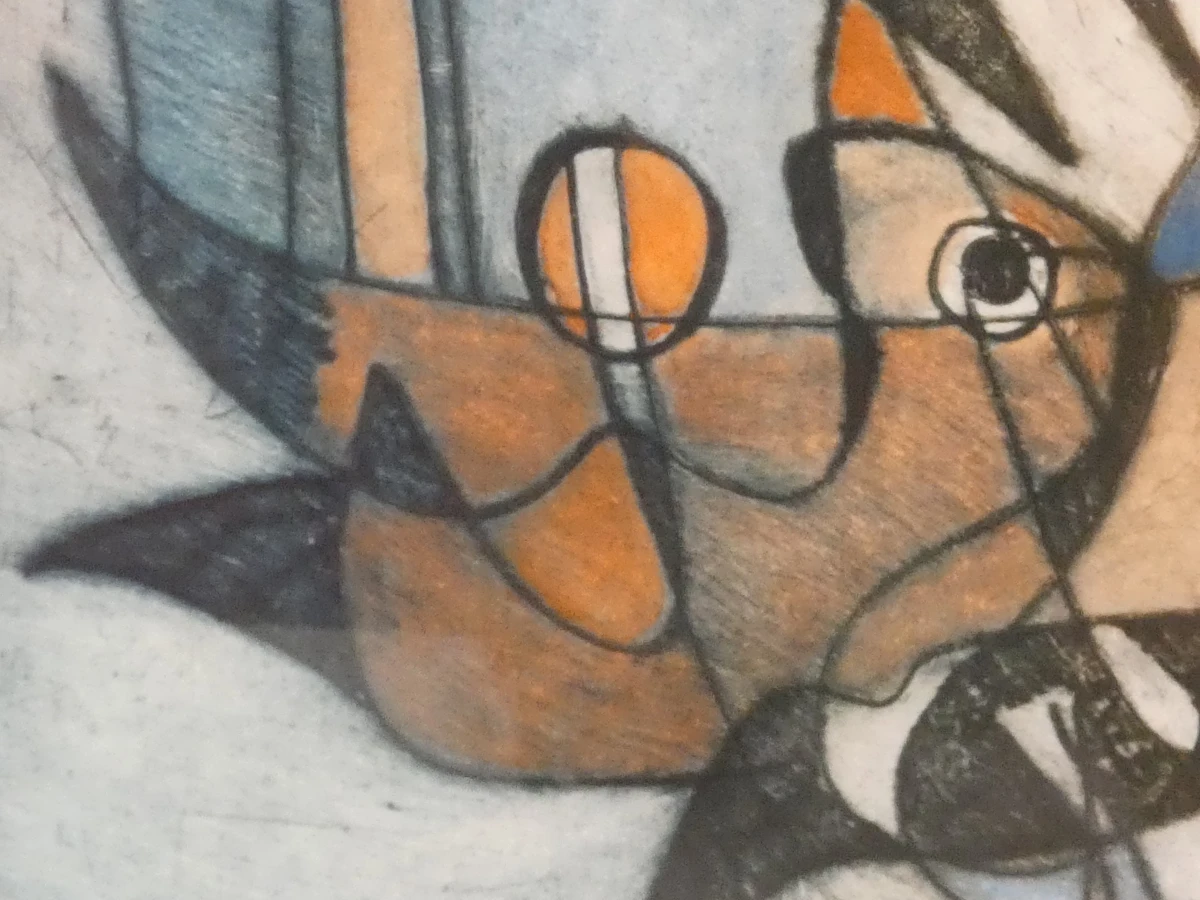 Ingelijste abstracte kleurenets met vogels en figuren