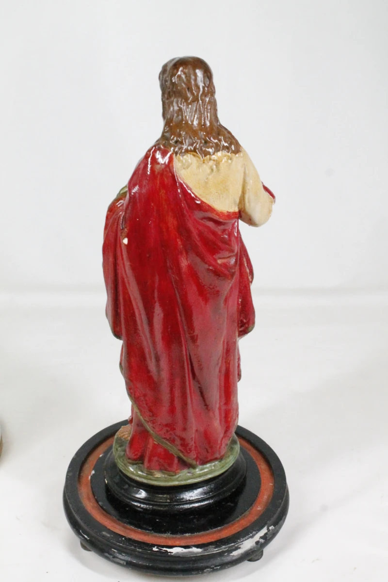 Antiek Heilig Hartbeeld van Jezus Christus onder glazen stolp