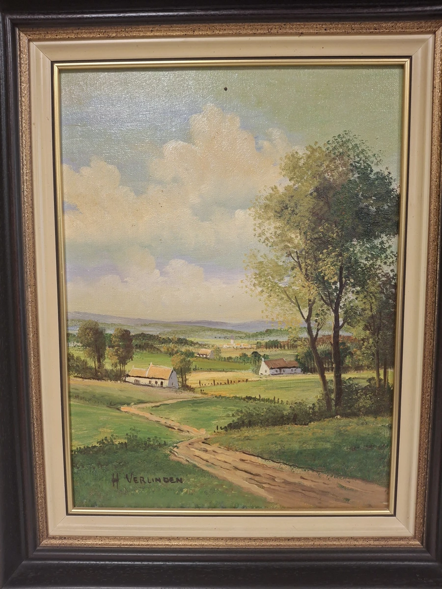 Schilderij H. Verlinden met landschap en boerderijen in houten lijst