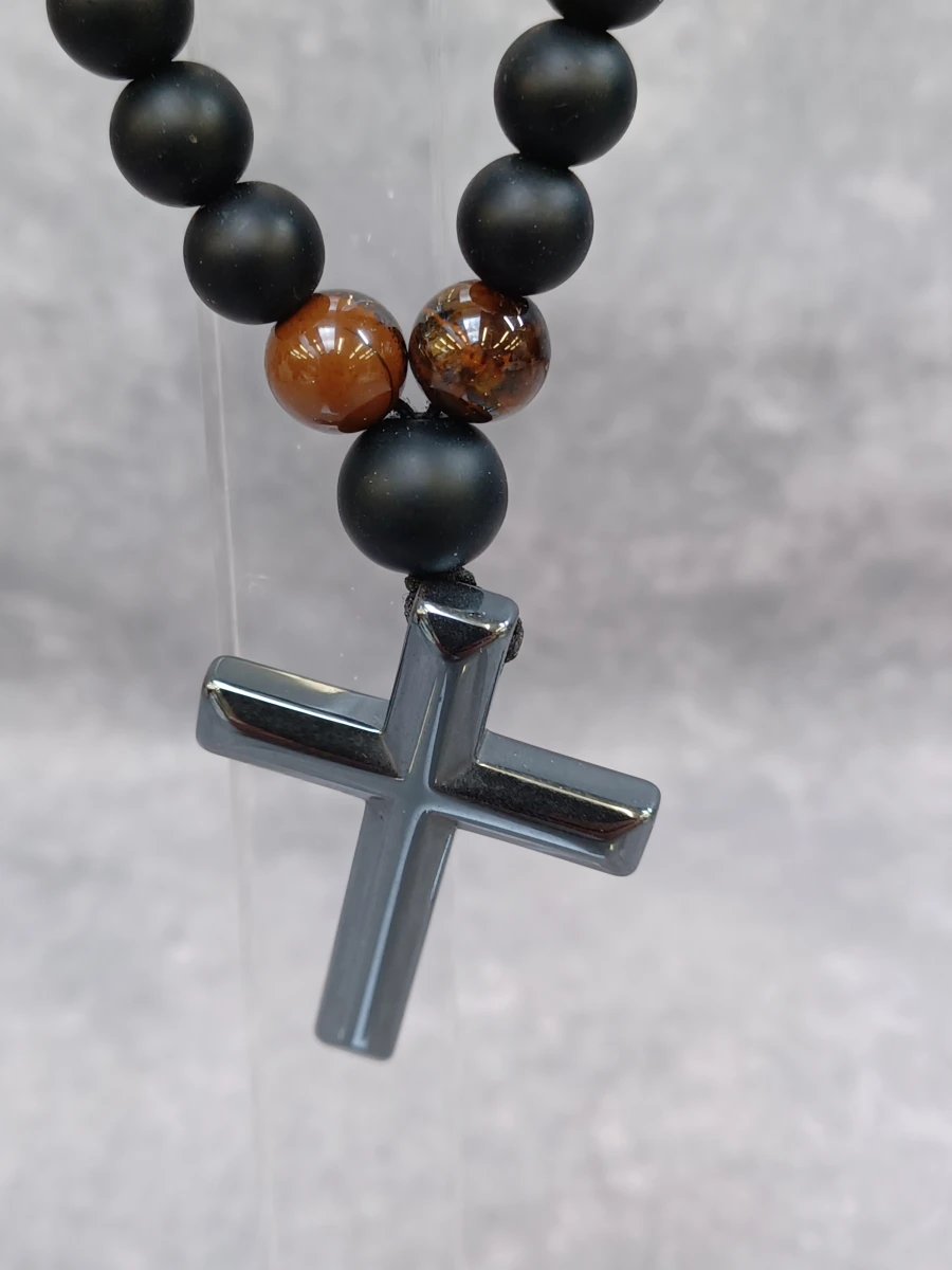 Heren ketting met kruis - Matte Onyx, Tijgeroog en Hematiet - foto 3
