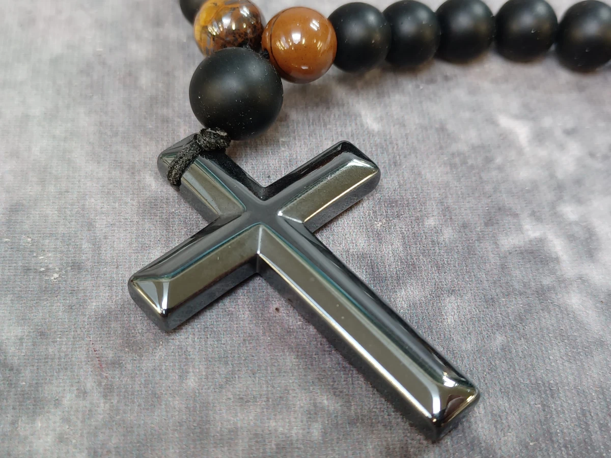 Heren ketting met kruis - Matte Onyx, Tijgeroog en Hematiet - foto 4