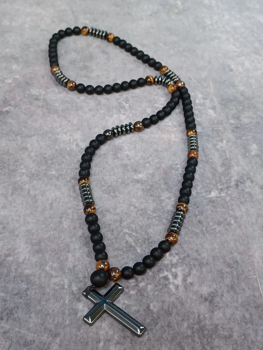 Heren ketting met kruis - Matte Onyx, Tijgeroog en Hematiet - foto 2