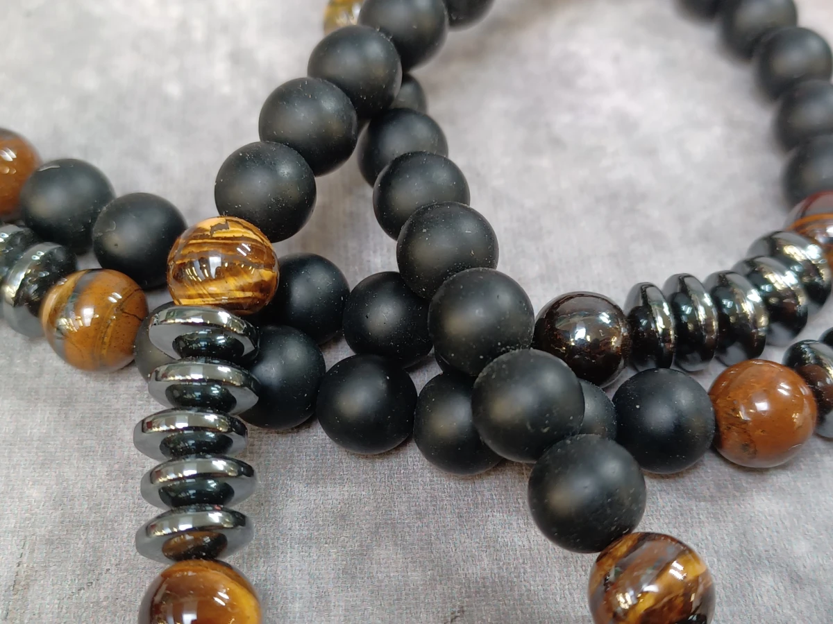 Heren ketting met kruis - Matte Onyx, Tijgeroog en Hematiet - foto 6