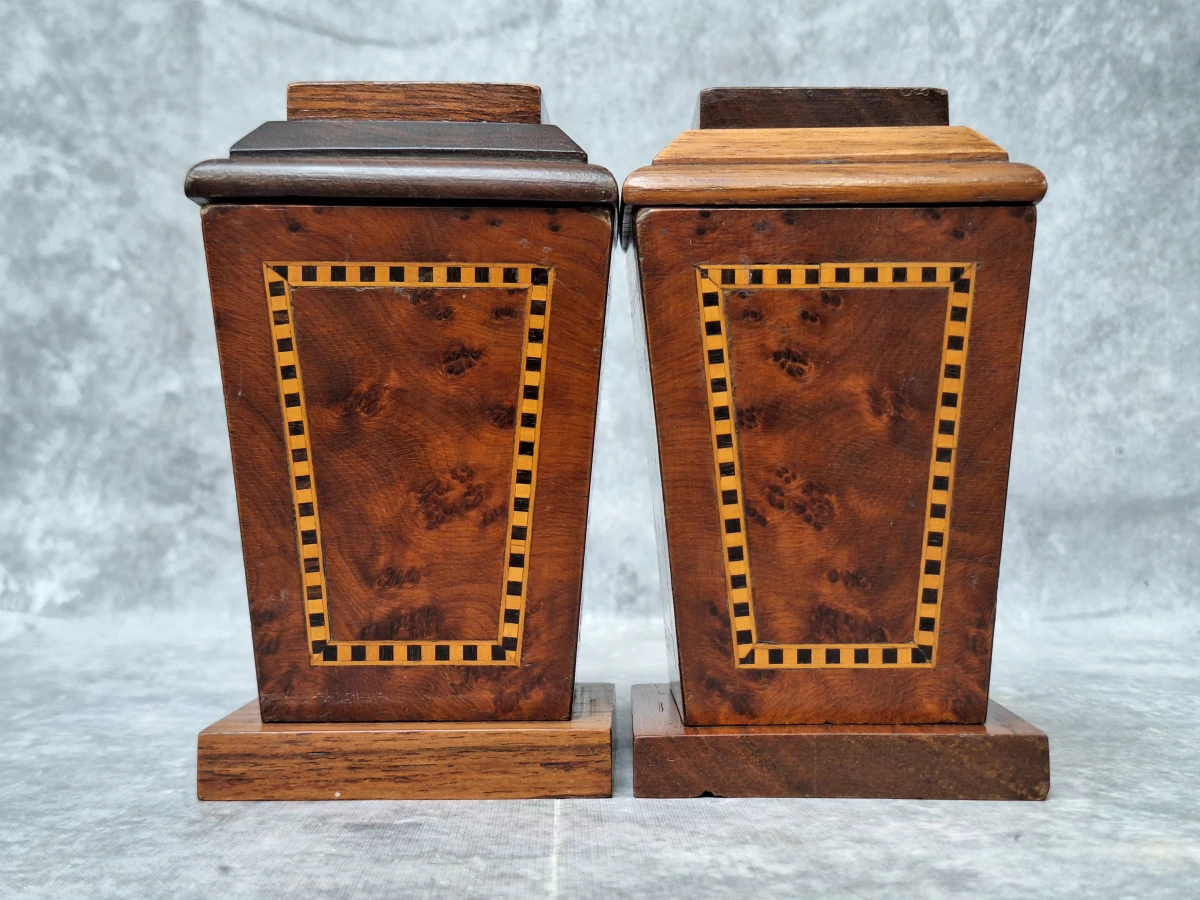 Set van 4 houten voorraadpotten met wortelnotenfineer en geometrisch inlegwerk - foto 17