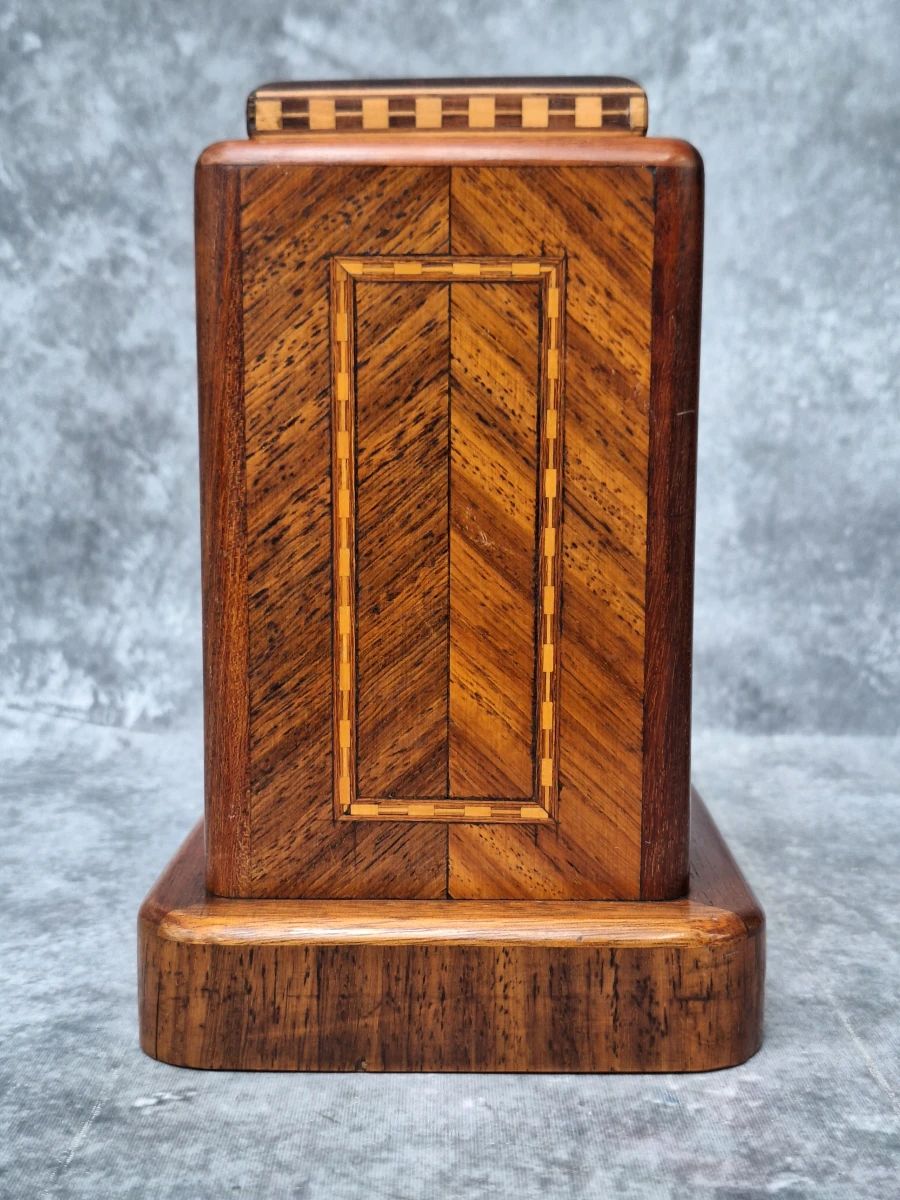 Set van 4 houten voorraadpotten met wortelnotenfineer en geometrisch inlegwerk - foto 9