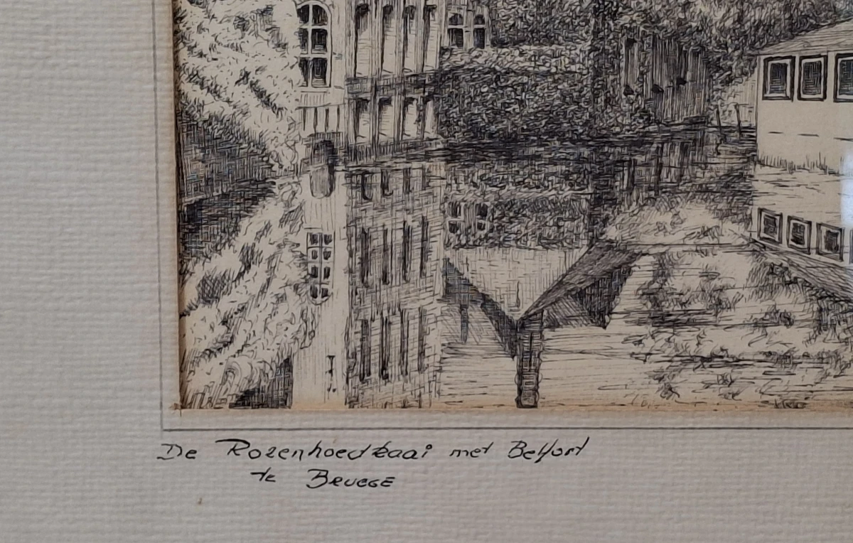 Ingelijste pentekening van De Rozenhoedkaai met Belfort te Brugge