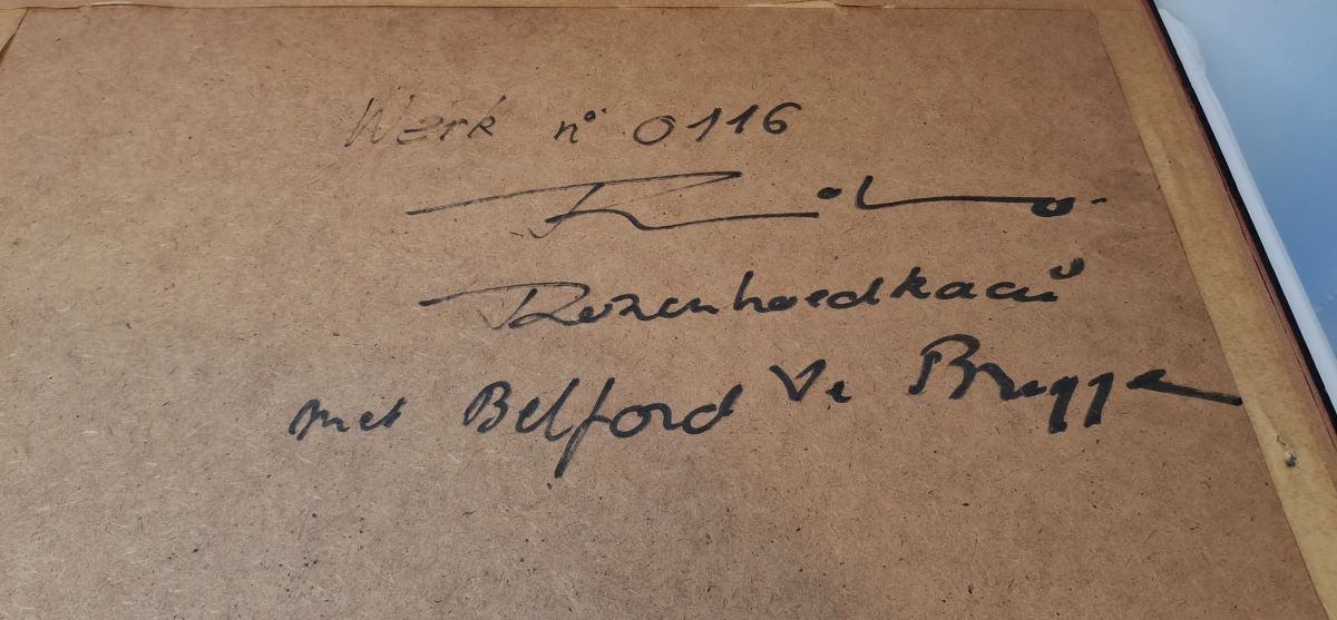 Ingelijste pentekening van De Rozenhoedkaai met Belfort te Brugge