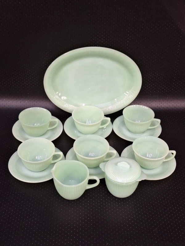 15-delig Vintage Fire-King Jadeite koffieservies - Anchor Hocking USA - groen melkglas - foto 2