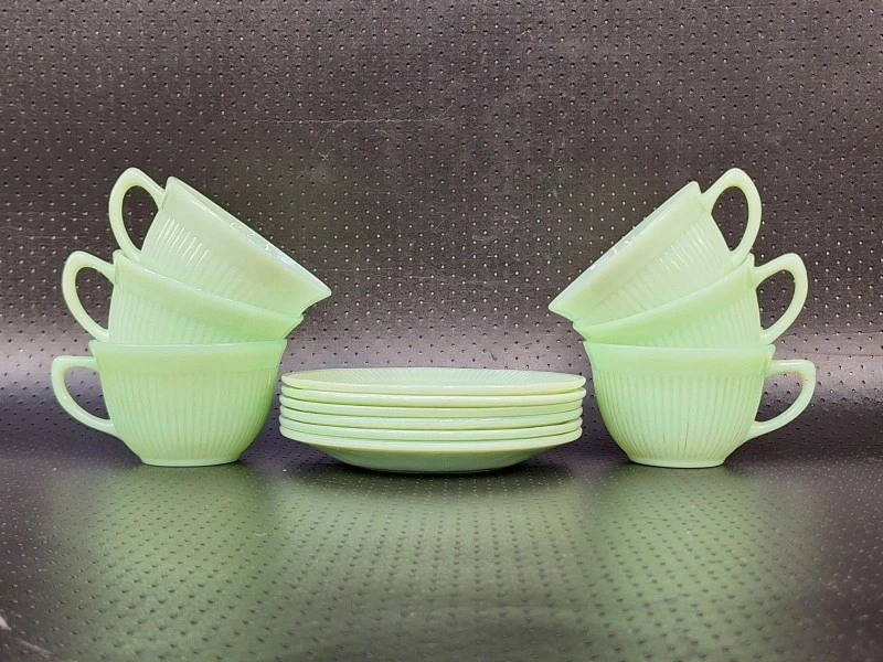 15-delig Vintage Fire-King Jadeite koffieservies - Anchor Hocking USA - groen melkglas - foto 15