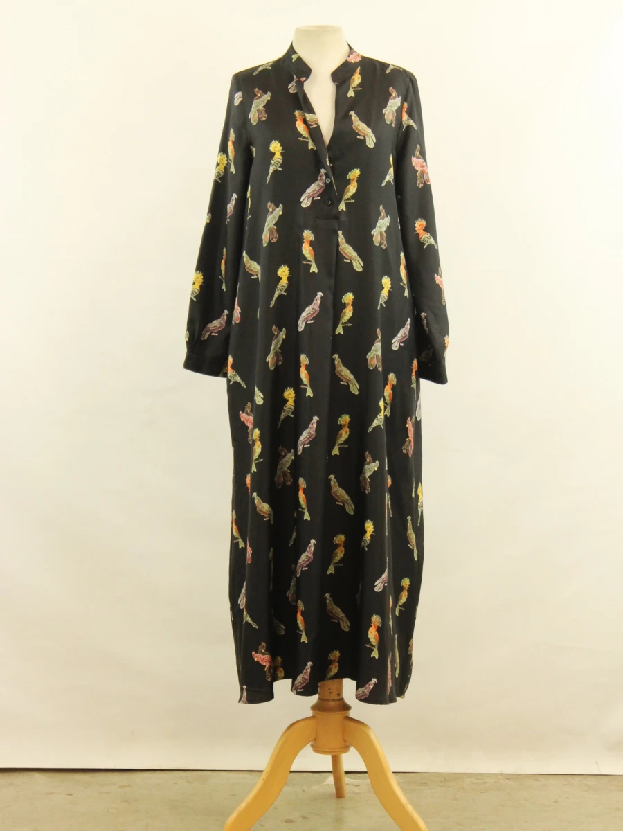 Momonì - zijden maxi-jurk met kleurrijke vogelprint
