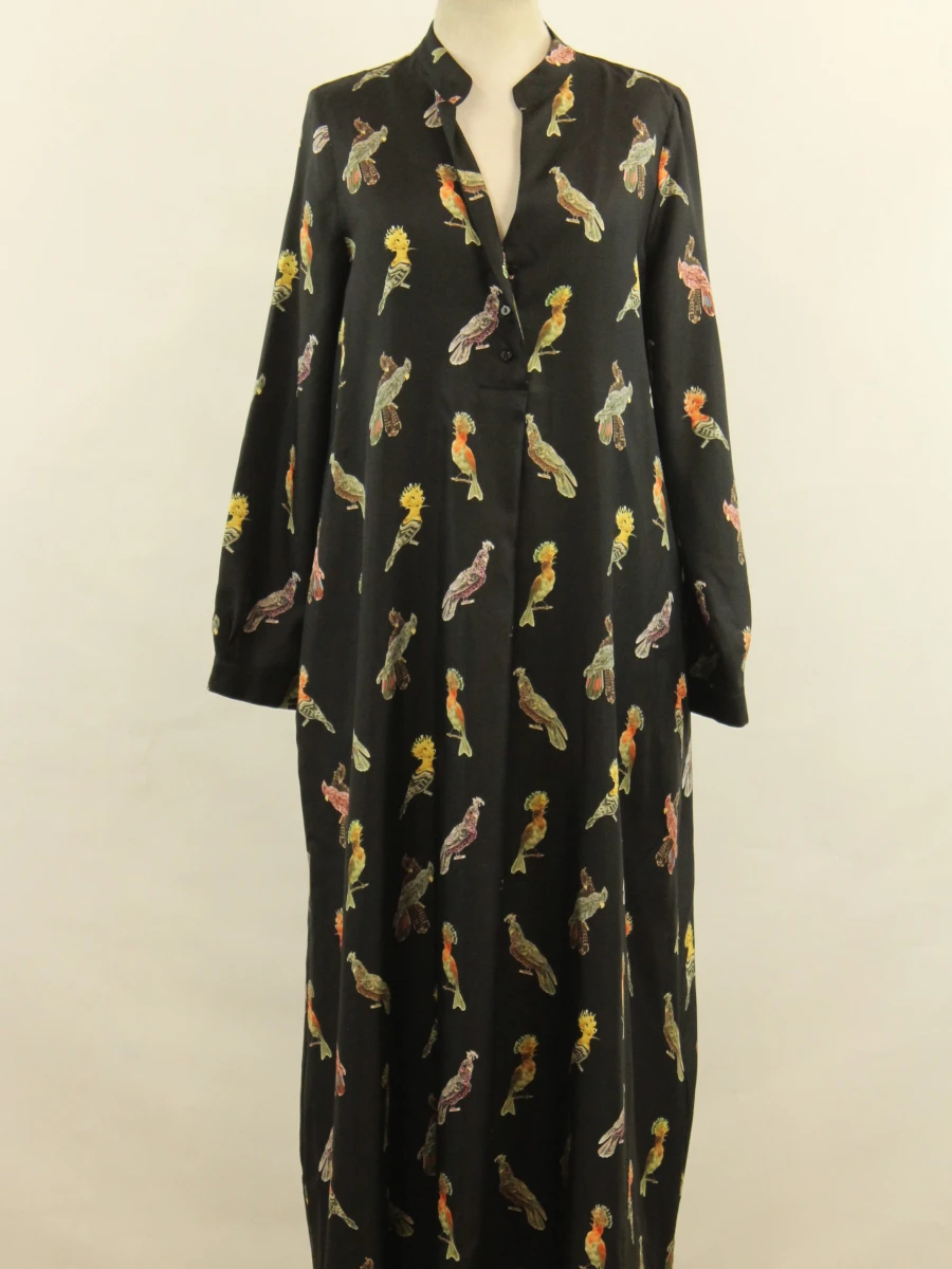Momonì - zijden maxi-jurk met kleurrijke vogelprint
