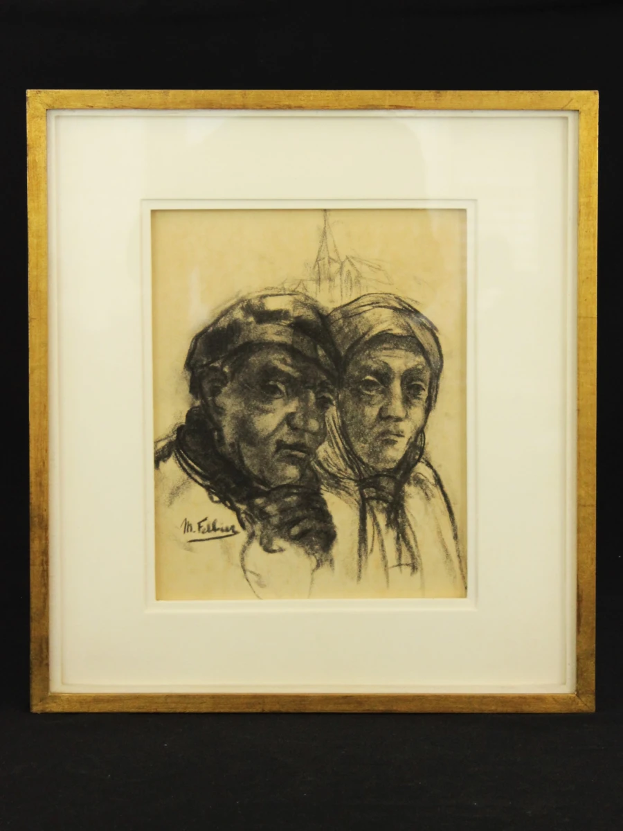 'Havenvolk' 1973 houtskooltekening  Maurice Felbier (1903-1991)