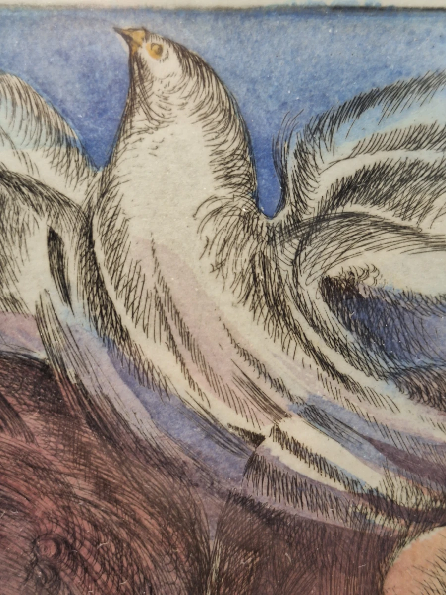 Surrealistische kleurenets - Zwevende figuur met vogel - E.A., gesigneerd en gedateerd 1975