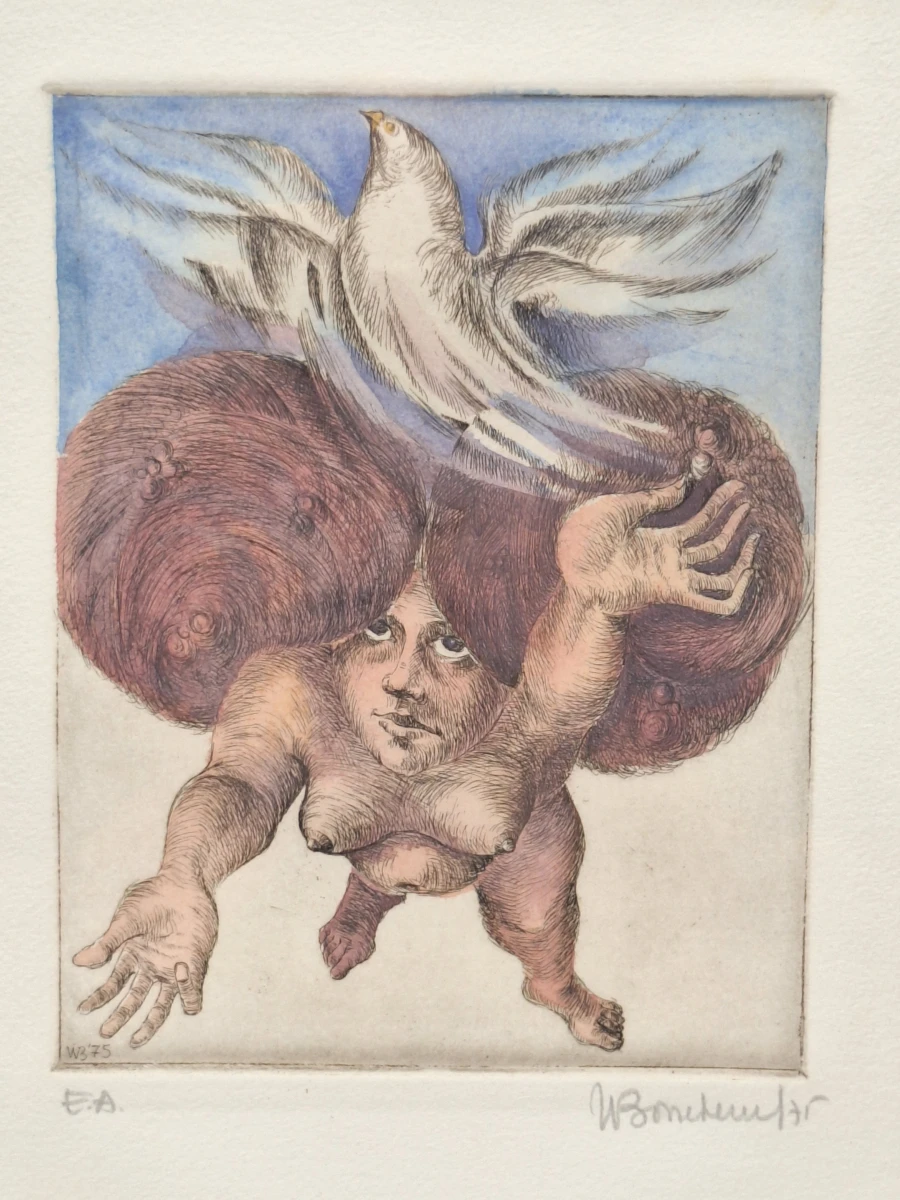 Surrealistische kleurenets - Zwevende figuur met vogel - E.A., gesigneerd en gedateerd 1975