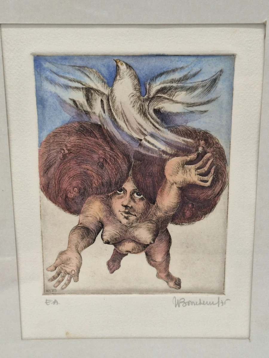 Surrealistische kleurenets - Zwevende figuur met vogel - E.A., gesigneerd en gedateerd 1975