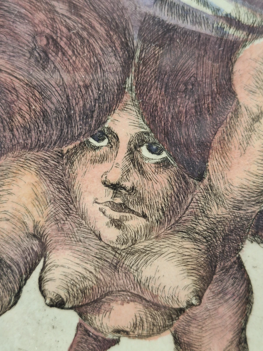 Surrealistische kleurenets - Zwevende figuur met vogel - E.A., gesigneerd en gedateerd 1975