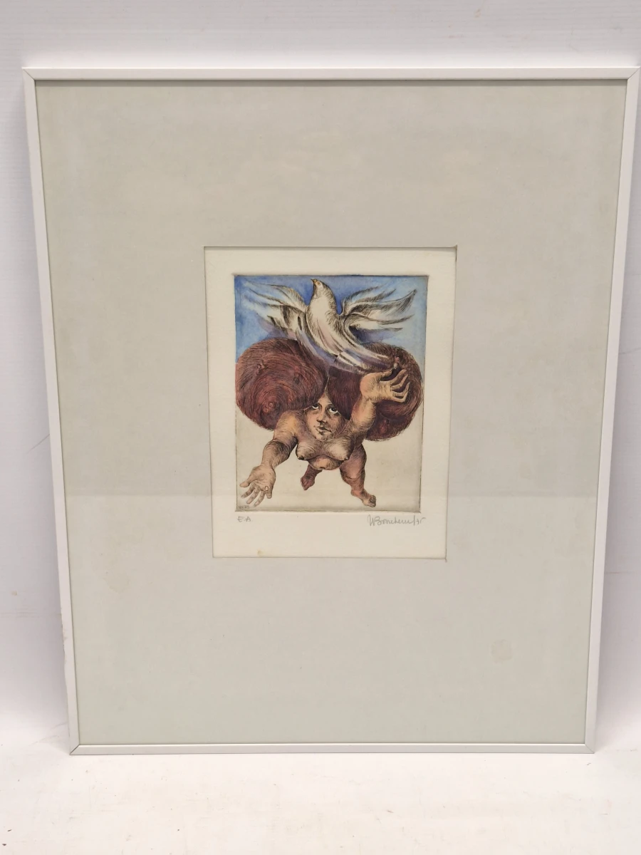 Surrealistische kleurenets - Zwevende figuur met vogel - E.A., gesigneerd en gedateerd 1975