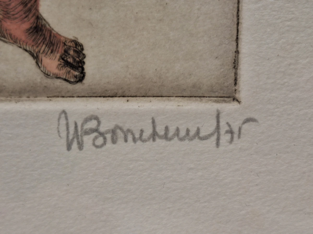 Surrealistische kleurenets - Zwevende figuur met vogel - E.A., gesigneerd en gedateerd 1975