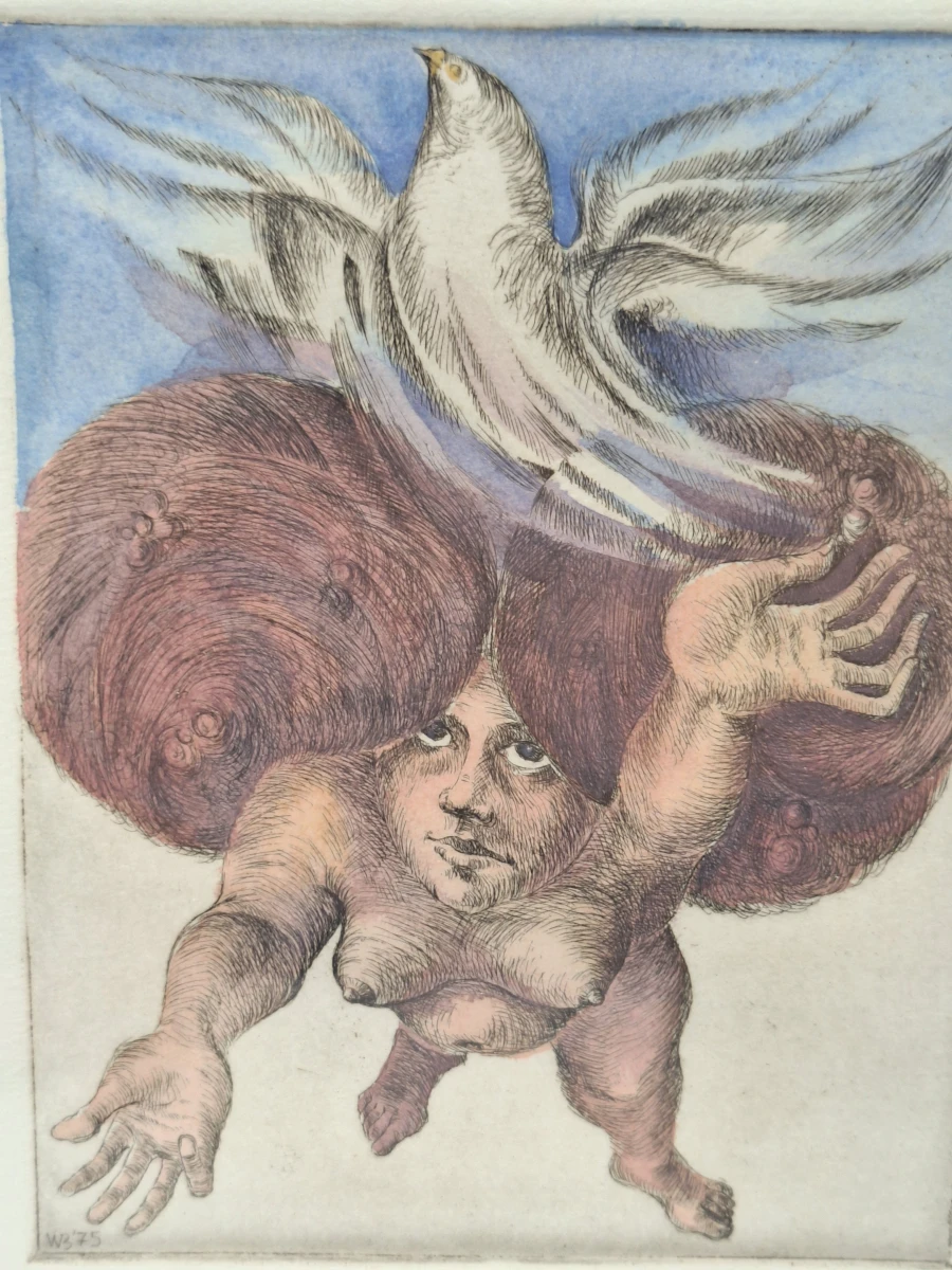 Surrealistische kleurenets - Zwevende figuur met vogel - E.A., gesigneerd en gedateerd 1975