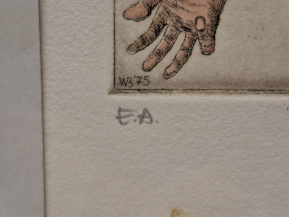 Surrealistische kleurenets - Zwevende figuur met vogel - E.A., gesigneerd en gedateerd 1975