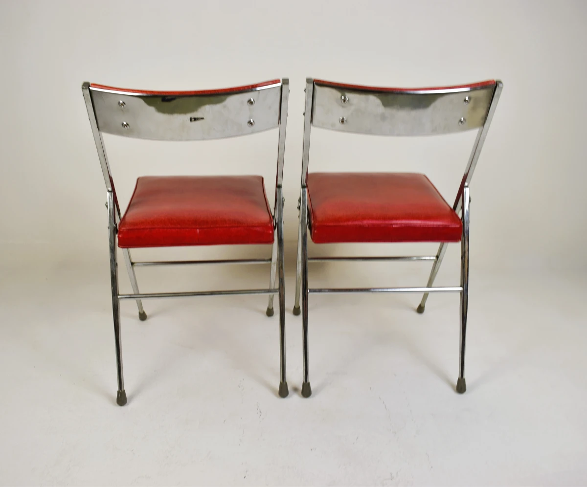 Set van 2 vintage klapstoelen met chromen frame en rood skai, ca. 1970 - foto 6