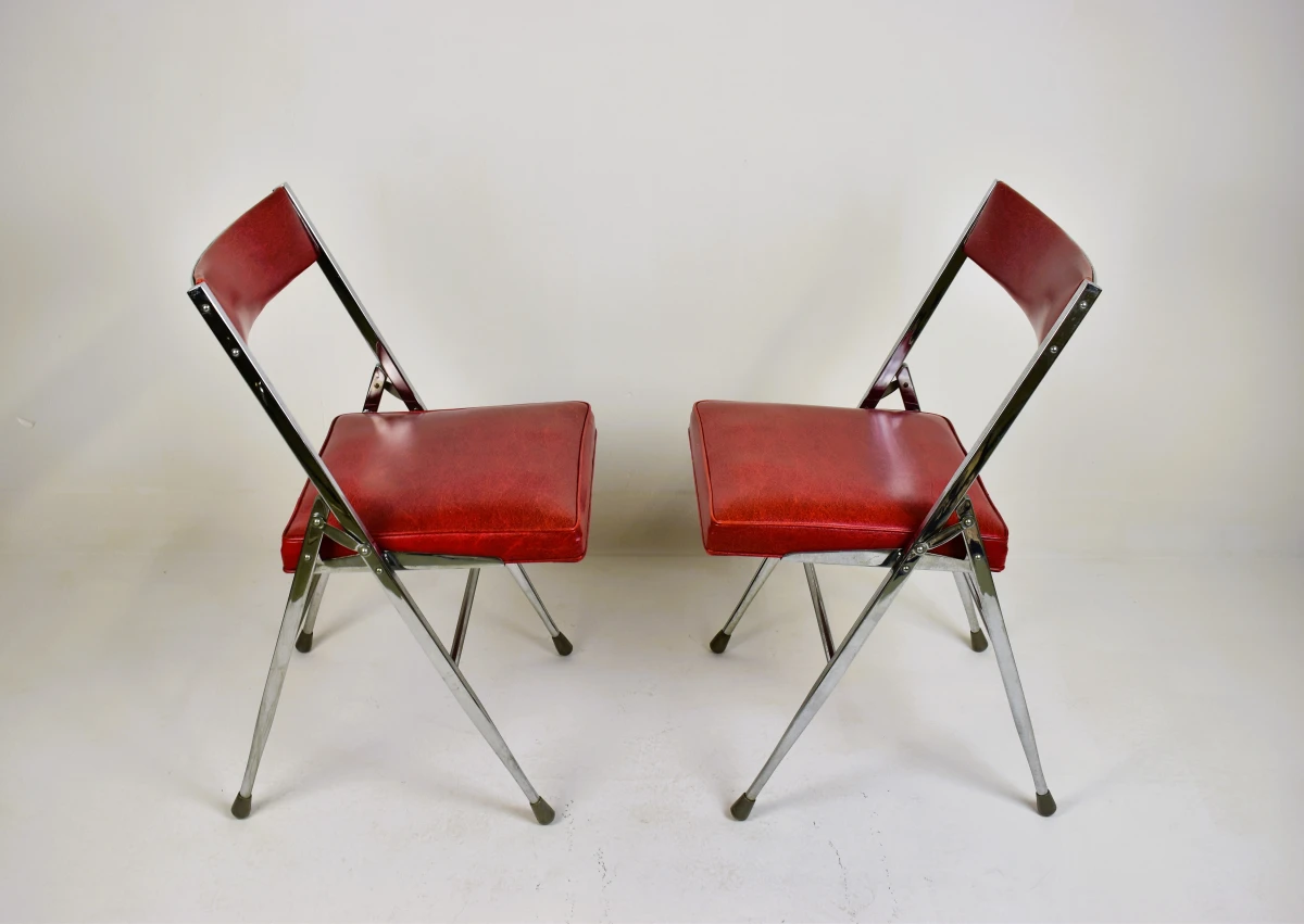 Set van 2 vintage klapstoelen met chromen frame en rood skai, ca. 1970 - foto 2