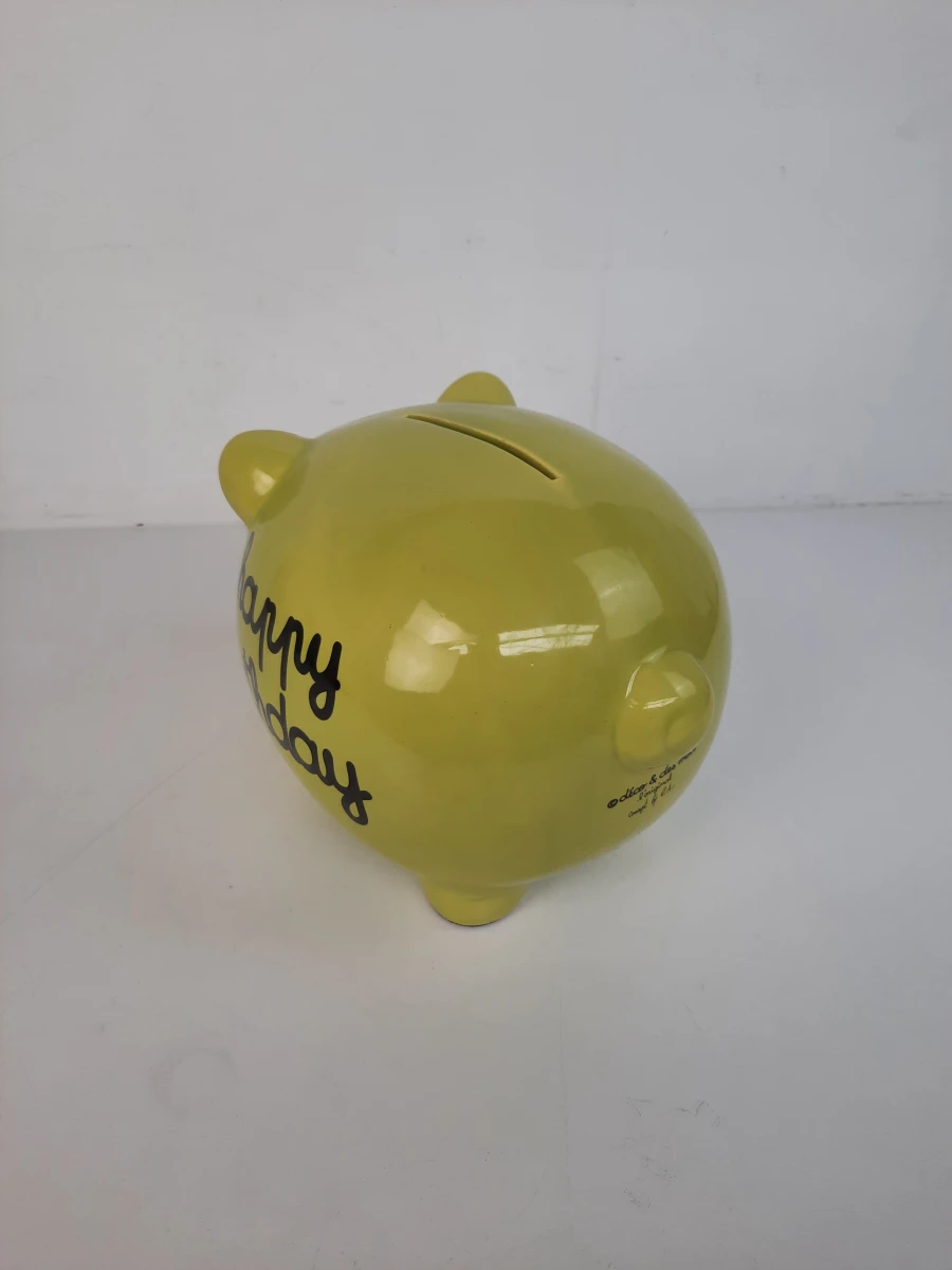 🐷 Vrolijke Gele Spaarpot – "Happy Birthday" (Déco & Des Mots) - foto 2