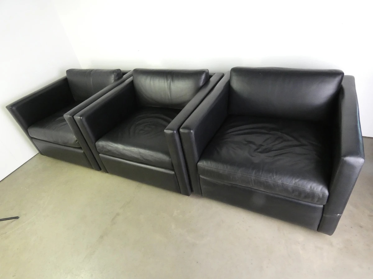 Set van 3 zwarte leren fauteuils - KNOLL