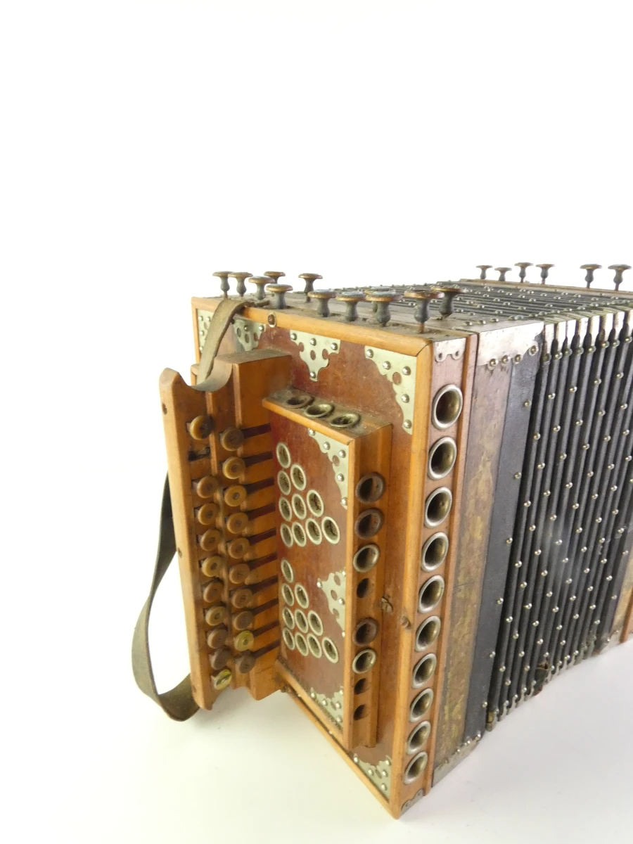 Vintage accordeon met knoppen en leren balg
