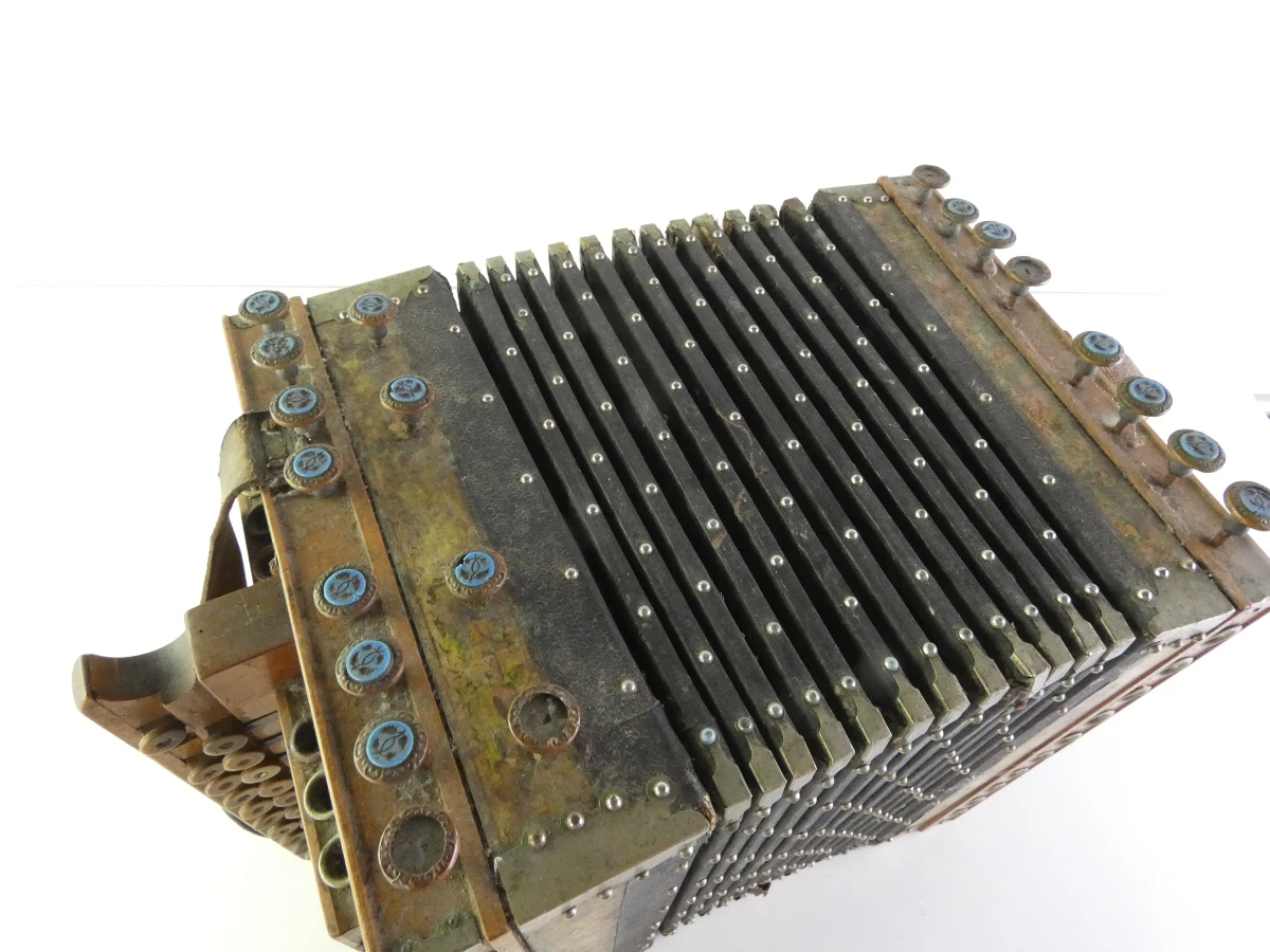 Vintage accordeon met knoppen en leren balg